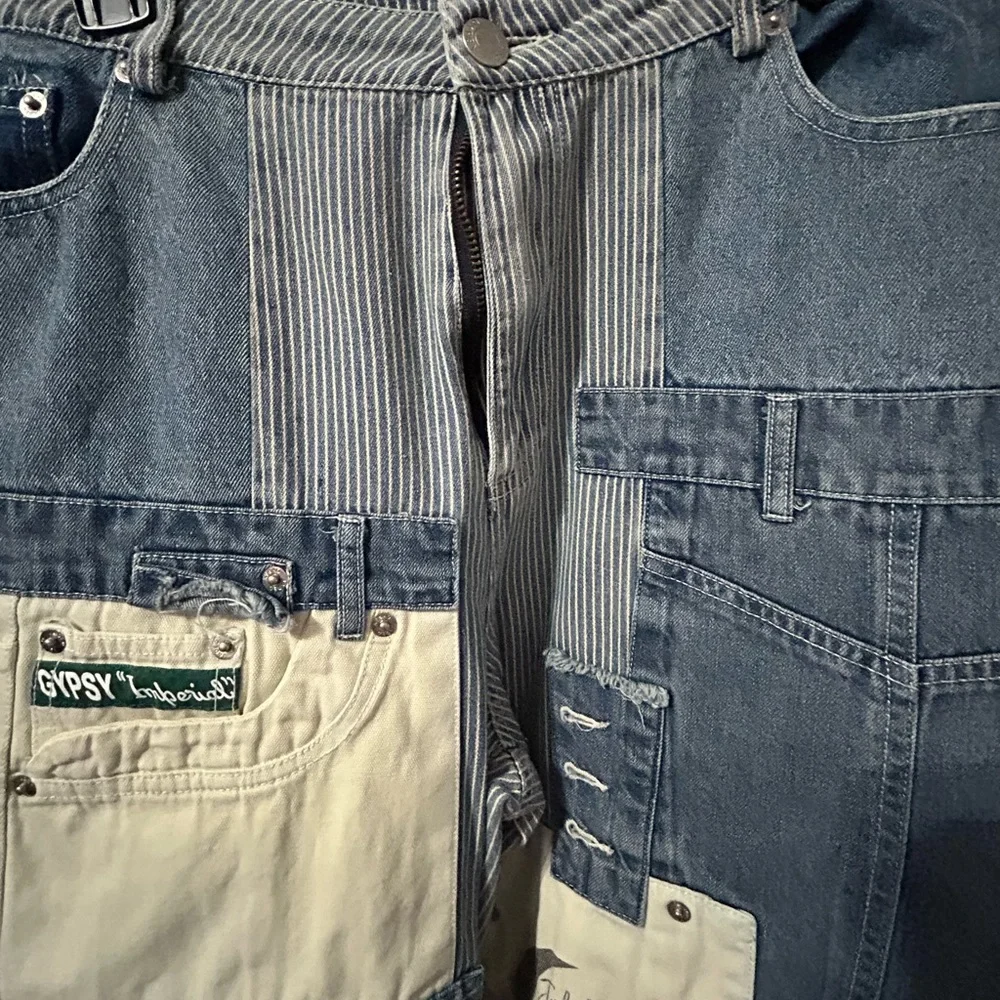 Jaded Gypsy Women's Relaxed Patchwork Denim Jeans in Blue with Cream Accents - Picture 4 of 9